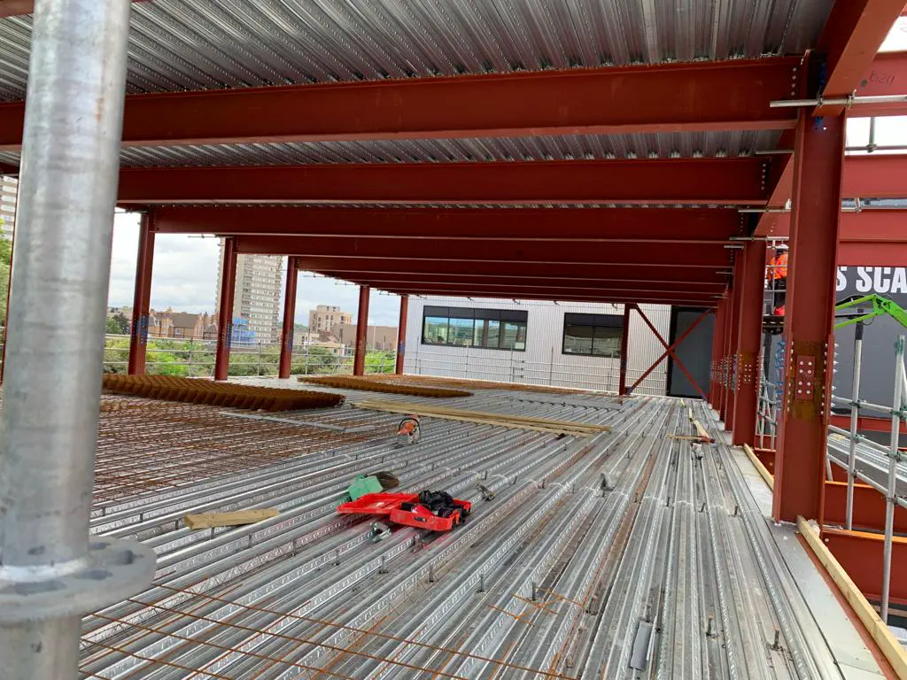 Structural steelwork at a commercial construction site